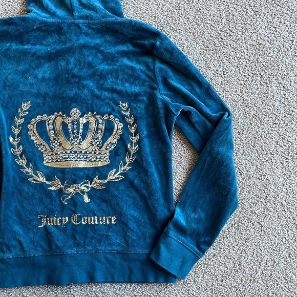 Juicy Couture Jackets & Blazers - Juicy Couture Velour TrackSuit Zip hoodie medium teal bling rhinestone crown